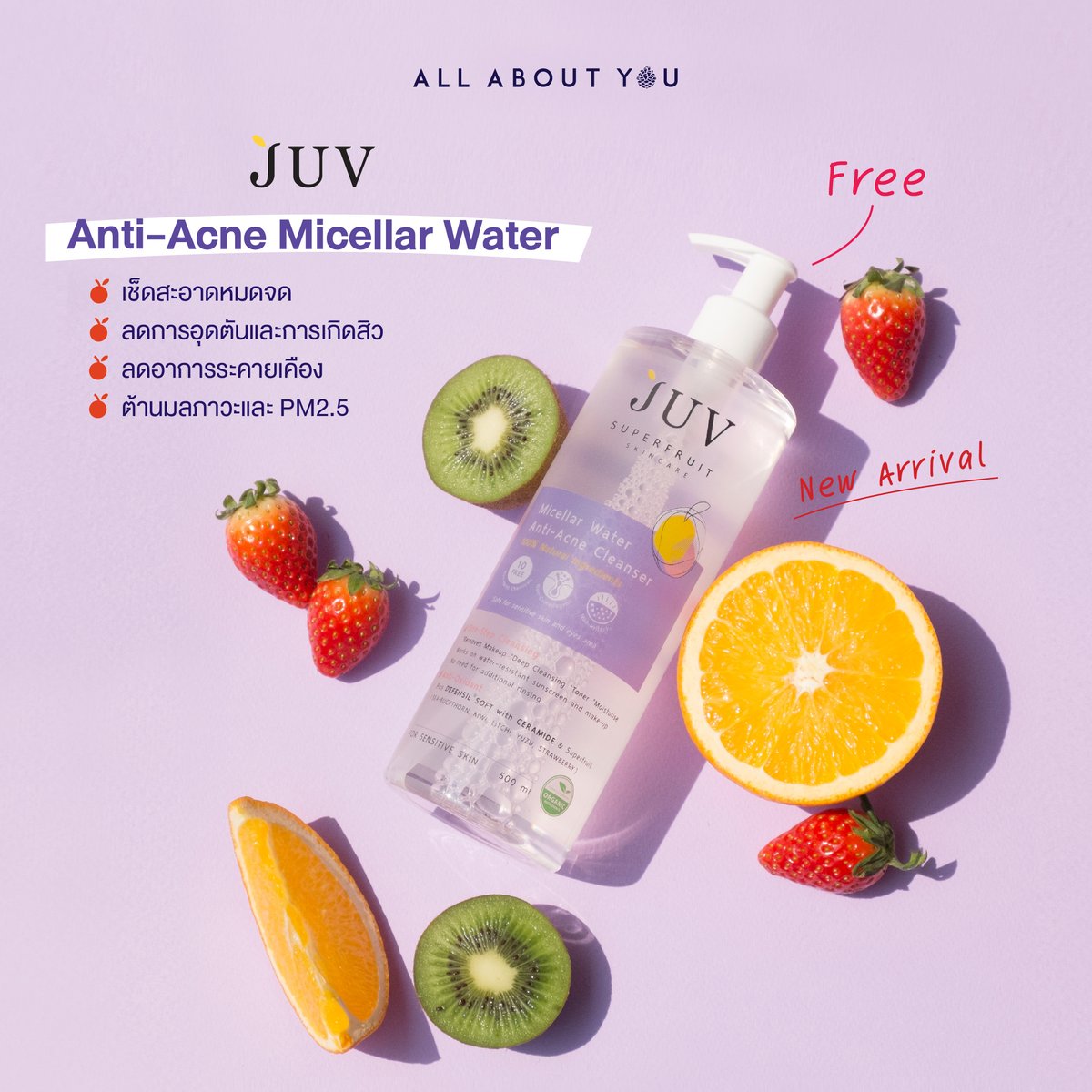 Juv Micellar Water Anti - Acne Cleanser 500 ml. คลีนเซอร์สูตร Natural 100% ช่วยทำความสะอาดเมคอัพ กันแดด ความมัน และสิ่งสกปรก PM 2.5